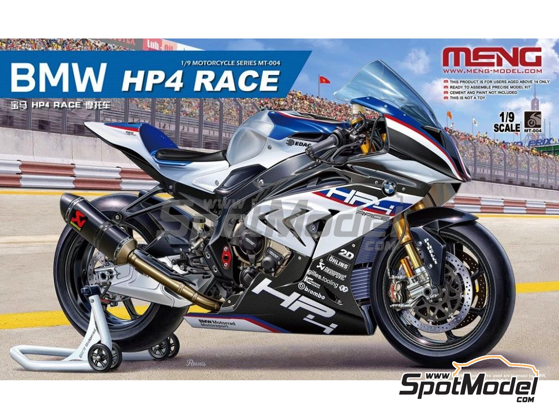 BMW HP4 Race. Motorbike scale model kit in 1/9 scale manufactured by Meng  Model (ref. MT-004, also 4897038553297)